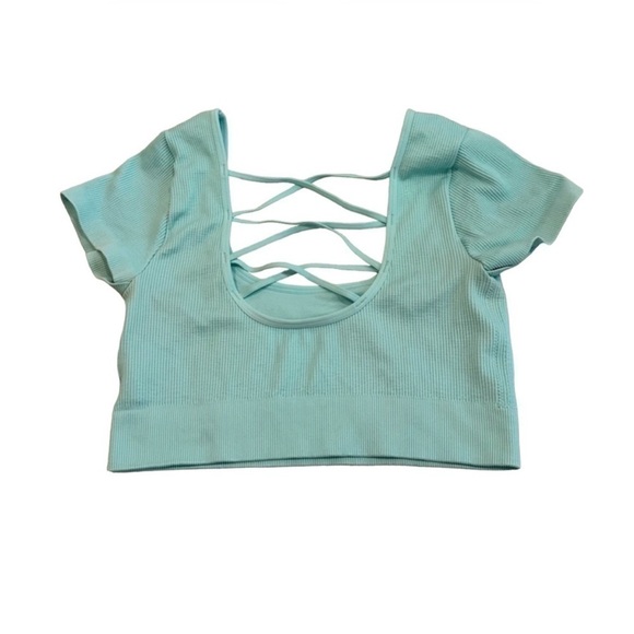 Aerie Mint Ribbed Short Sleeve Crop Top Strappy Back Size M - Picture 2 of 10